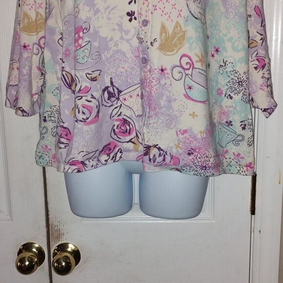 Christopher & Banks Pastel Tea Cup teacup Cardigan Button Sweater  Sz XL - Picture 2 of 5